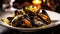 Macro close up of appetizing fresh Steamed sea mussels. Large blue mussels on dark plate