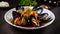 Macro close up of appetizing fresh Steamed sea mussels. Large blue mussels on dark plate