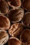 Macro close-up crop of walnuts shells as food backdrop composition