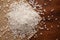 Macro Close-up of Organic white Sago or Sabudana Metroxylon sagu on Jute mat and wooden