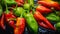 Macro close-up photo of chilli peppers, vibrant colors