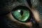 A macro close-up of a piercing bright green eye of a cat. Generative AI