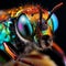 Macro close-up shot of an insect's eye with vibrant and mesmerizing display of light and colors