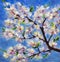 Macro close-up spring flowering branch of an apricot tree on background of blue sky. Plein Air oil painting White flowers on branc