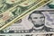 Macro closeup Abraham Lincoln on five dollar bill