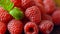 Macro closeup of rotating summer fruit raspberries.