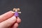 Macro closeup shot of a person`s hand holding a miniature figurine of a girl on a gray background