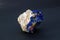 Macro deep blue azurite crystal cluster on white calcite and albite matrix