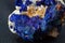 Macro deep blue azurite crystal cluster on white calcite and albite matrix