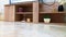 Macro focused wooden tv stand with floor closeup,home decor idea