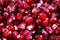 Macro full frame close up of red shiny juicy pomegranate seeds focus on center