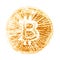 Macro. A gold stamp of bitcoin. For the design of virtual documents on the crypto currency. A square picture. Close-up.