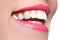 Macro happy woman\'s smile with healthy white teeth, bright pink . lips make-up. Stomatology and beauty care. Woman smiling