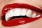 Macro happy woman`s smile with healthy white teeth. Lip make-up