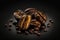 A macro illustration of a pile of fine selected roasted coffee beans on black background