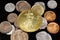 A macro image of assorted Pakistani coins with an American gold coin close up