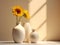 Macro, an interior room showing two white vases with a sunflower in them, in the style of zbrush, subtle shades.Generative AI