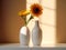 Macro, an interior room showing two white vases with a sunflower in them, in the style of zbrush, subtle shades.Generative AI