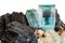 Macro mineral stone Aquamarine and black tourmaline, Schorl on a