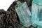 Macro mineral stone Aquamarine and black tourmaline, Schorl on a