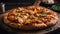 Macro Photo Buffalo Chicken Pizza On Stone Rustic Pub. Generative AI