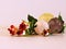 Macro photo bush mottled red rose and mineral stones