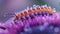 Macro photo of caterpillar on purple flower with intricate fur details and dewdrops in morning light