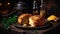 Macro Photo Chicken Kyiv Chicken Cutlet With Butter Filling On Stone Rustic Pub Ukrainian Dishes. Generative AI