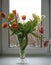 Macro photo with a decorative background of beautiful delicate Tulip flowers in a bouquet in a crystal vase