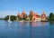 Macro photo with decorative landscape background of the ancient trakai castle on the lake shore in lithuania for design