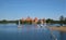 Macro photo with decorative landscape background of the lake and the old castle in Lithuania in Trakai