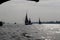 Macro photo with decorative landscape background perspectives of the coast of the Egyptian city of Cairo and sea yachts