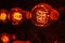 Macro photo of decorative lightbulb in a row. close-up, shallow depth of field. orange tinting.