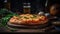 Macro Photo Four Cheese Pizza On Stone Rustic Pub. Generative AI