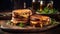Macro Photo Grilled Cheese Sandwiches On Stone Rustic Pub. Generative AI