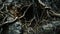 A macro photo of the intricate network of roots and tree branches exposed in the walls of a sinkhole