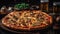 Macro Photo Supreme Pizza On Stone Rustic Pub. Generative AI