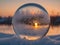 Macro photograph of frozen soap bubbles ice crystals in sunset. Selective focus