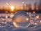 Macro photograph of frozen soap bubbles ice crystals in sunset. Selective focus