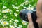 Macro photographer photographing a bee sucking nec