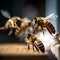 macro photography bees close up. Bees fly into the beehive in the rays of the setting sun. Al Generated.