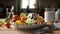 Macro Photography of a Fresh and Colorful Arugula Salad with Mozzarella, Avocado, Beetroot, Walnuts, and Oranges -
