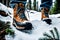 Macro Photography of Hiker\\\'s Boots Mid-Stride - Sinking into Pristine Deep Snow, Flurries Sticking to Soles