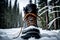 Macro Photography of Hiker\\\'s Boots Mid-Stride - Sinking into Pristine Deep Snow, Flurries Sticking to Soles