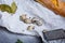 Macro picture of lunch ingredients on a grese-proof paper background. French baguette, metal grater, quail eggs and bay