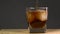 Macro of a professional bartender is putting professional crystal long lasting ice cubes in a glass while preparing