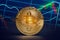 Macro shiny bitcoin and trading market data chart. virtual crypt