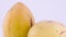 Macro shooting of upper part of two mature yellow pepino fruits with water drops. Slowly rotating on the turntable