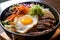 macro shot of Bibimbaps deliciously seasoned and grilled beef, paired with a vibrant assortment of vegetables and a runny egg
