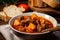 Macro shot of a bowl of goulash with beef, potatoes, and carrots, simmered in a rich and flavorful tomato-based sauce